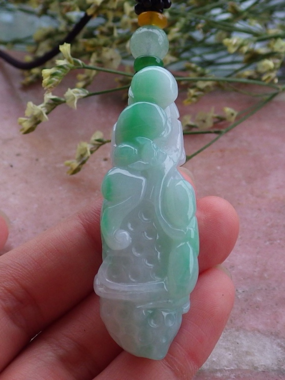 Certified Natural Burma A Jade Jadeite Peanut Bat Lotus Ruyi Pendant Necklace
